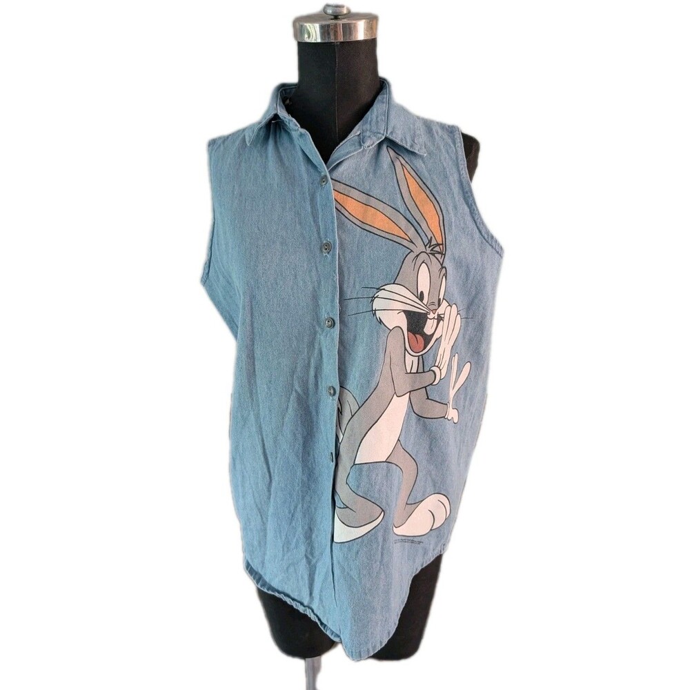 Vintage Looney Tunes Bugs Bunny Jerry Leigh Denim Shirt Size Small 100% Cotton